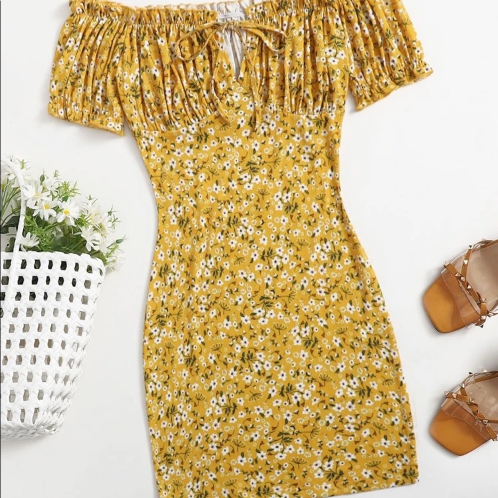 SHEIN floral off the shoulder ruched bust dress!